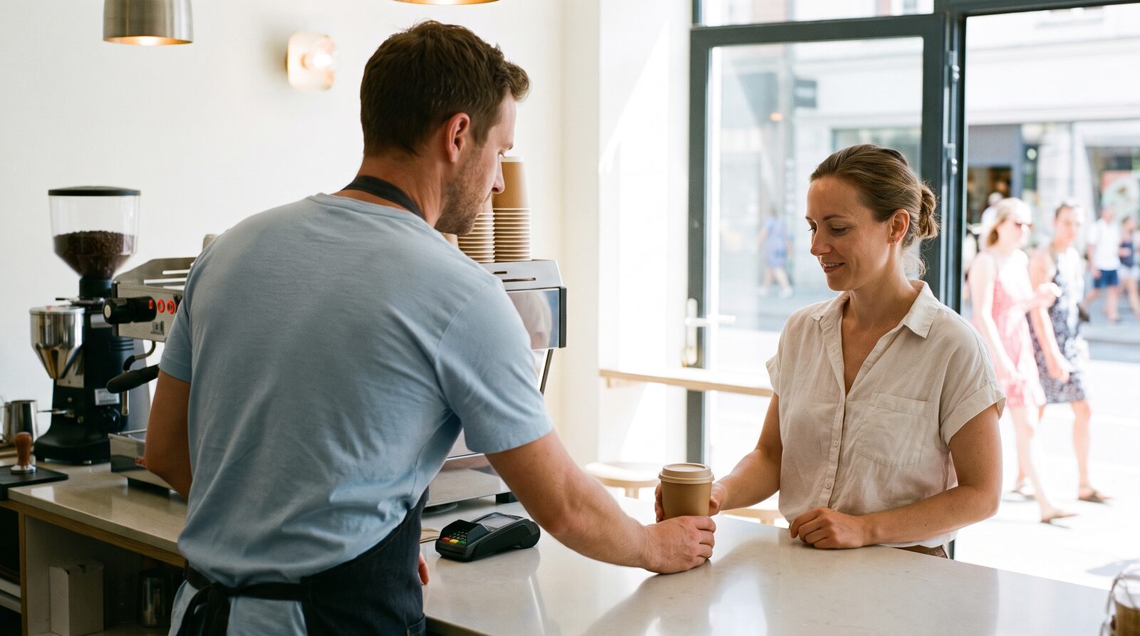 Barista talking to a guest across the counter