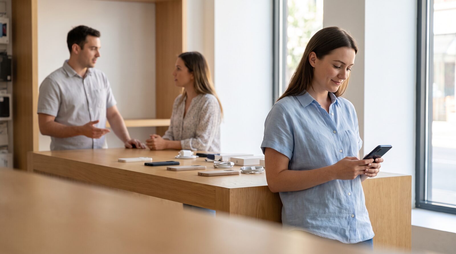 A sales assistant reads feedback about her shift on her phone