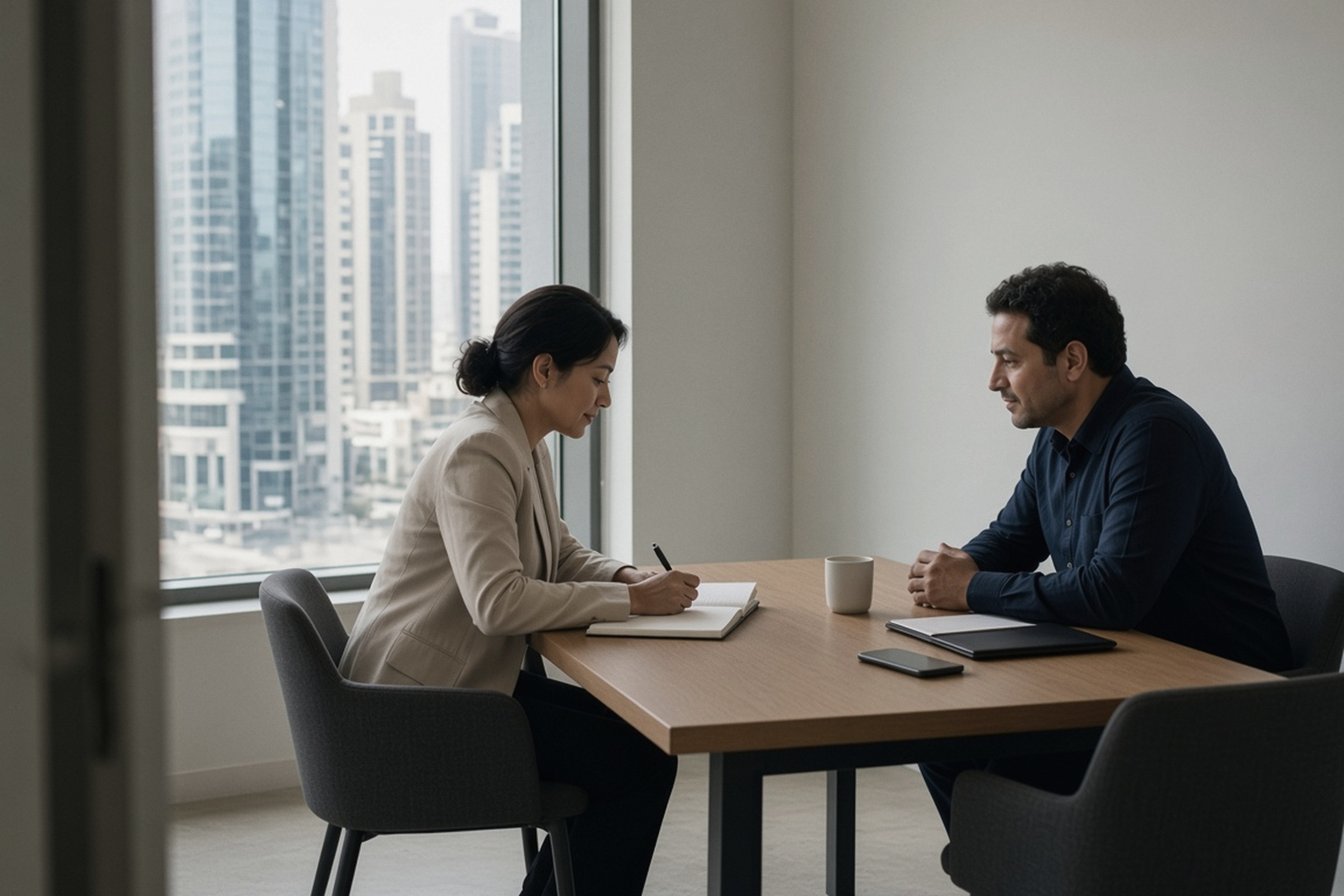 A recruiter taking notes across the table from a candidate in a bright office