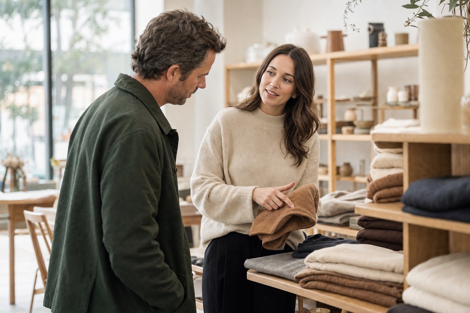 A shop assistant showing a knitted jumper to a customer in a clothing boutique