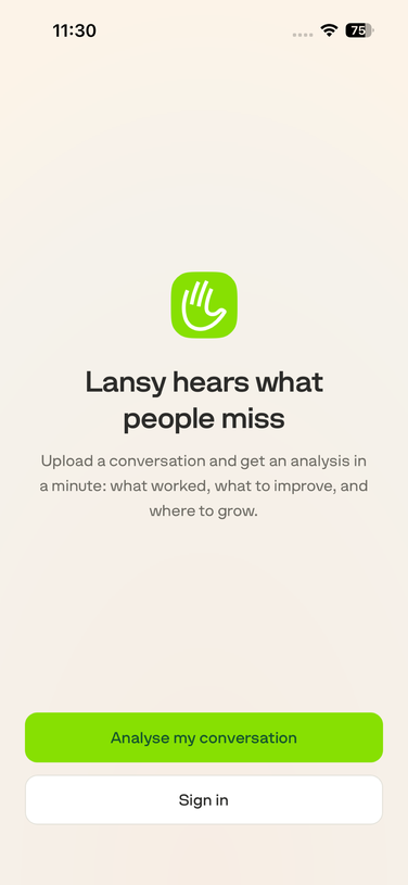 Lansy AI start screen with the Sign in button